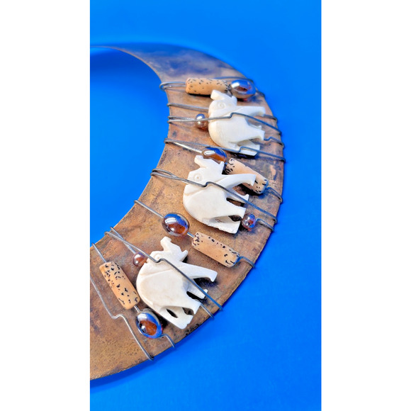 Vintage Tribal Elephant Collar Necklace Bone Brass Boho Ethnic Statement - Picture 3 of 12